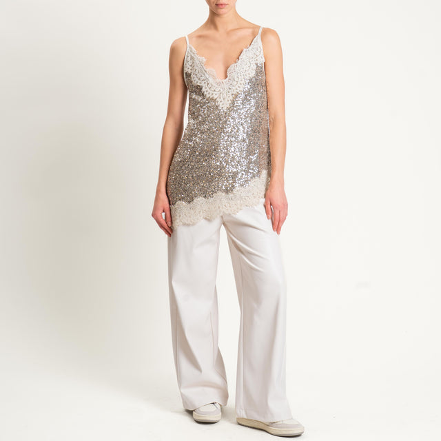 Tensione in-Top asimmetrico paillettes con pizzo - champagne
