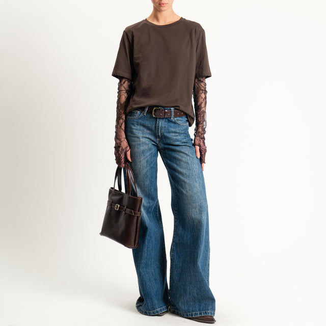 Tensione in-T-shirt over con manicotti in pizzo - moro