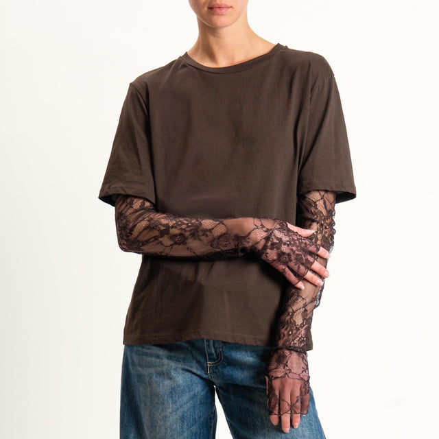 Tensione in-T-shirt over con manicotti in pizzo - moro