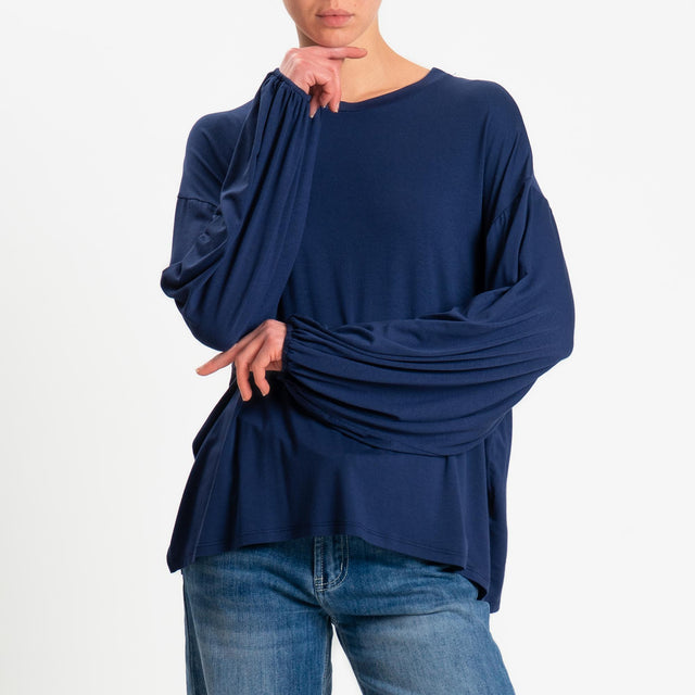 Tensione in-T-shirt in jersey di viscosa elasticizzata manica palloncino - blu