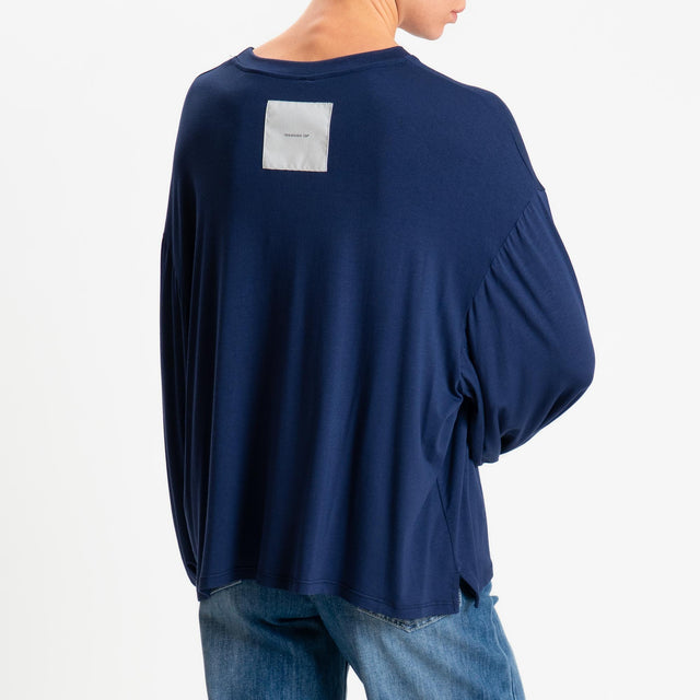 Tensione in-T-shirt in jersey di viscosa elasticizzata manica palloncino - blu