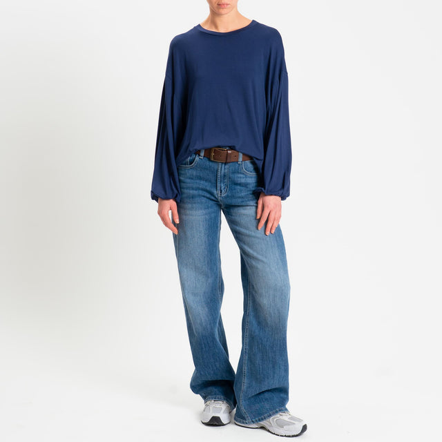 Tensione in-T-shirt in jersey di viscosa elasticizzata manica palloncino - blu