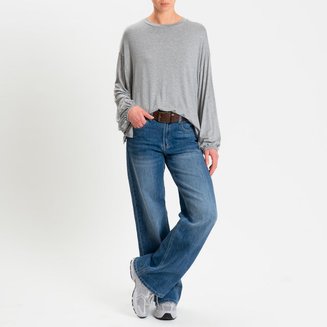 Tensione in-T-shirt in jersey di viscosa elasticizzata manica palloncino - grigio melange