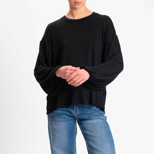 Tensione in-T-shirt in jersey di viscosa elasticizzata manica palloncino - nero