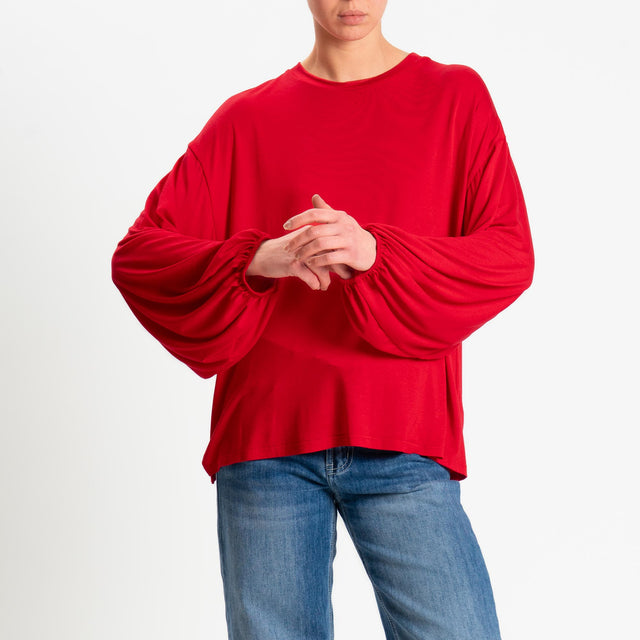 Tensione in-T-shirt in jersey di viscosa elasticizzata manica palloncino - rosso