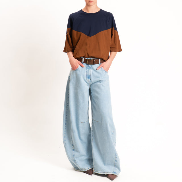 Tensione in-T-shirt bicolore elastico in vita - blu/tabacco