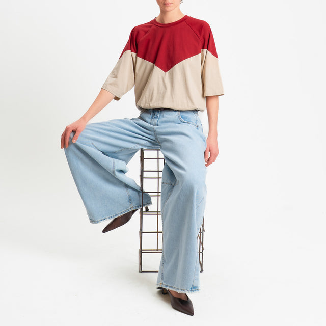 Tensione in-T-shirt bicolore elastico in vita - rosso/sabbia