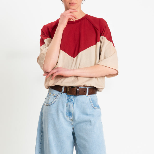 Tensione in-T-shirt bicolore elastico in vita - rosso/sabbia