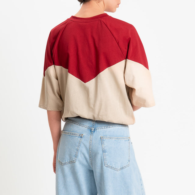 Tensione in-T-shirt bicolore elastico in vita - rosso/sabbia