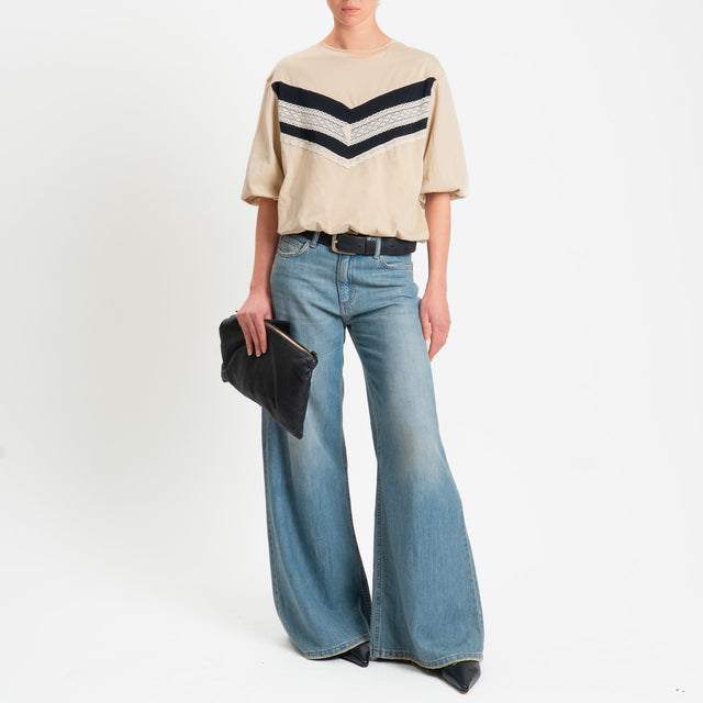 Tensione in-T-shirt bicolore elastico in vita con - beige/nero/burro