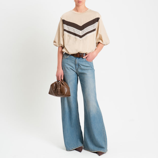 Tensione in-T-shirt bicolore elastico in vita con - beige/moro/burro