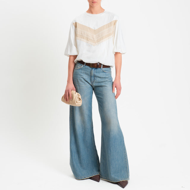 Tensione in-T-shirt bicolore elastico in vita con - panna/beige/burro