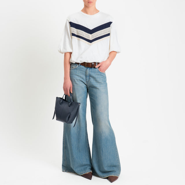 Tensione in-T-shirt bicolore elastico in vita con - panna/blu/burro