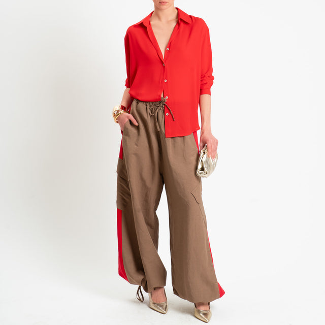 Tensione in-Pantalone cargo bicolore misto lino - biscotto/lampone