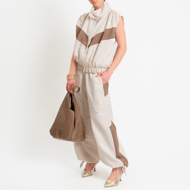 Tensione in-Pantalone cargo bicolore misto lino - gesso/biscotto