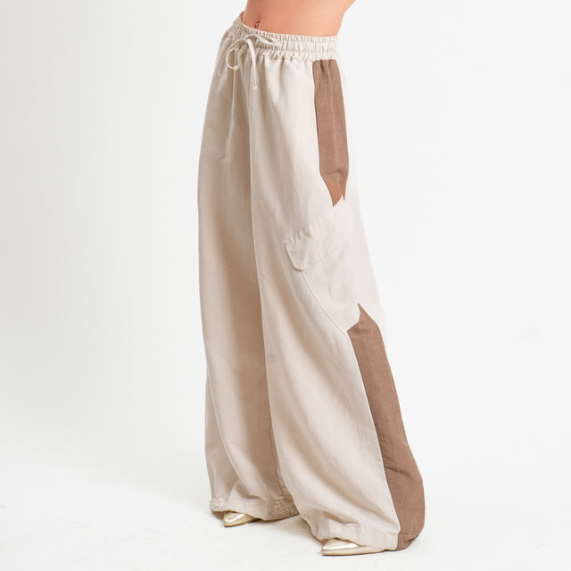 Tensione in-Pantalone cargo bicolore misto lino - gesso/biscotto