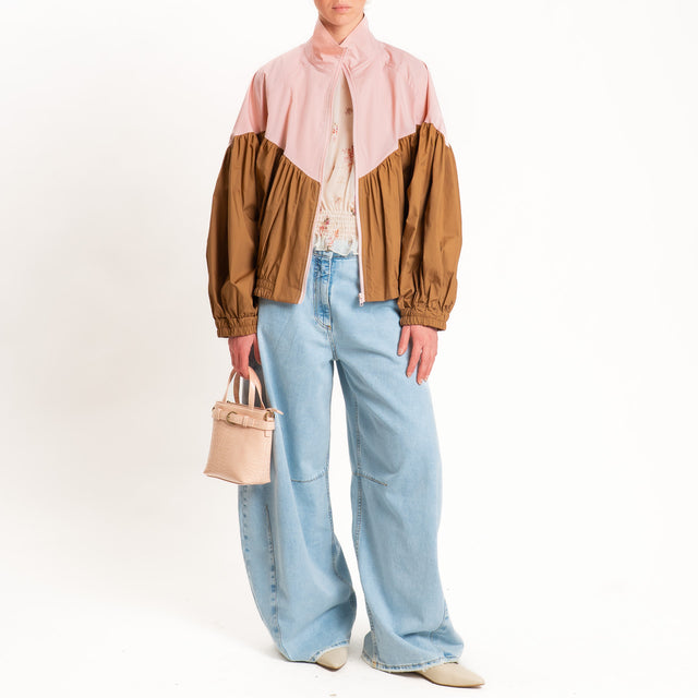 Tensione in-Bomber in cotone leggero bicolore con zip - rosa/camel
