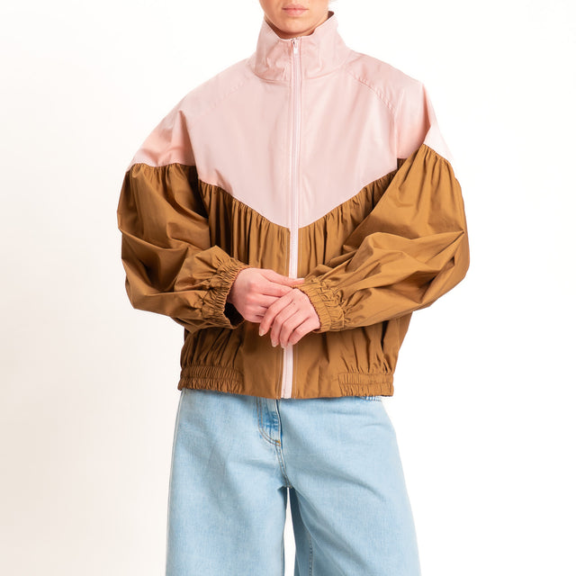 Tensione in-Bomber in cotone leggero bicolore con zip - rosa/camel