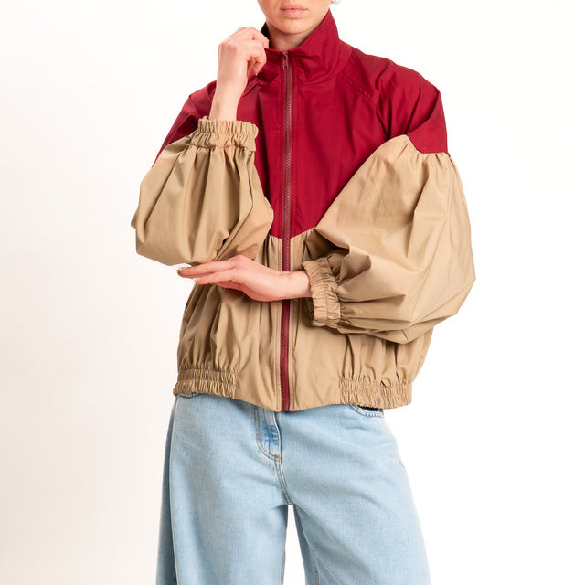 Tensione in-Bomber in cotone leggero bicolore con zip - magenta/camel