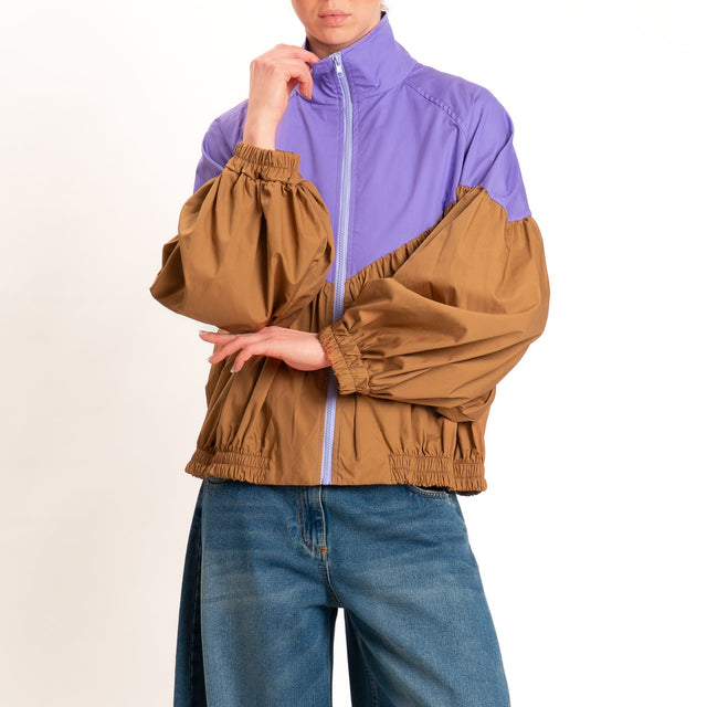 Tensione in-Bomber in cotone leggero bicolore con zip - lavanda/camel