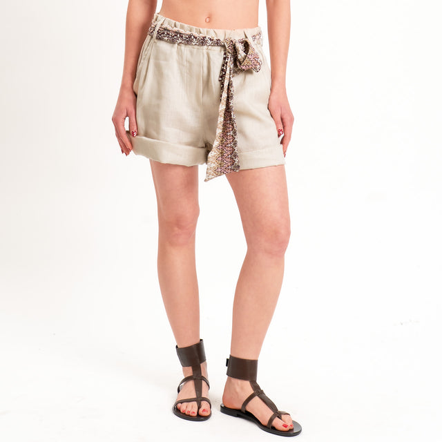 Tensione in-Shorts 100% lino cintura jacquard - sabbia