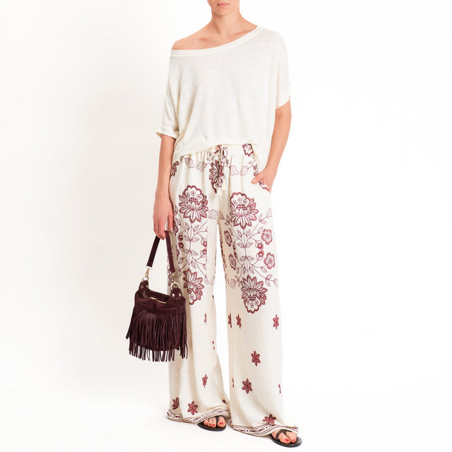 Tensione in-Pantalone floreale misto lino con coulisse - burro/india