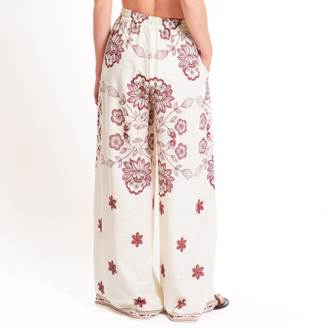 Tensione in-Pantalone floreale misto lino con coulisse - burro/india