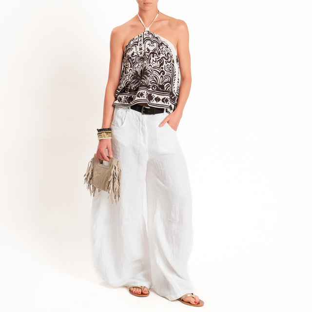 Tensione in-Top fantasia misto lino scollo halter - burro/moro