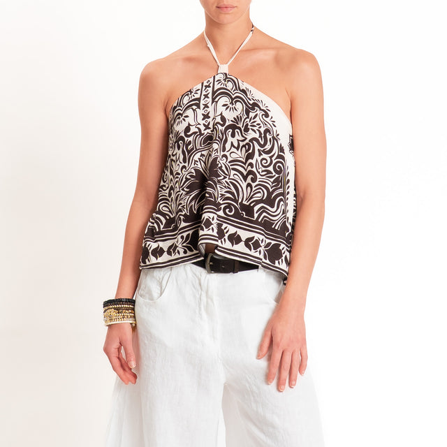Tensione in-Top fantasia misto lino scollo halter - burro/moro