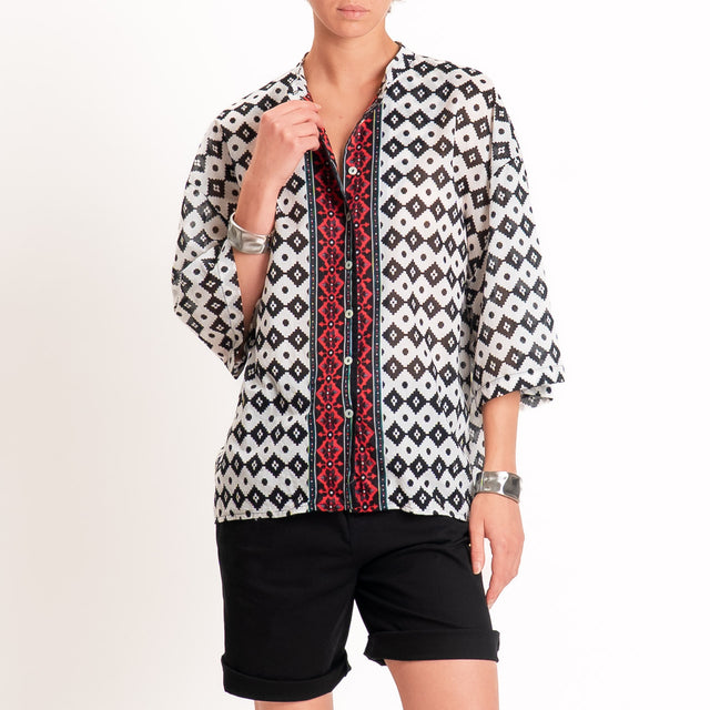 Tensione in-Camicia in mussola fantasia etnica collo coreana - burro/nero/rosso
