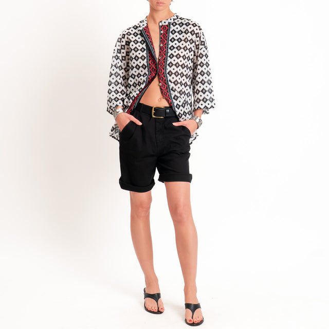 Tensione in-Camicia in mussola fantasia etnica collo coreana - burro/nero/rosso