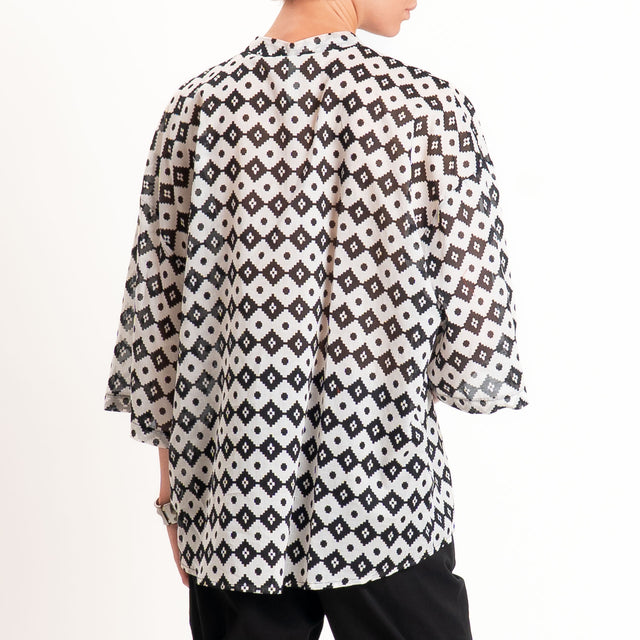 Tensione in-Camicia in mussola fantasia etnica collo coreana - burro/nero/rosso