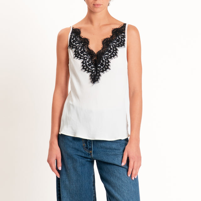 Tensione in-Top doppio scollo v con pizzo - latte/nero