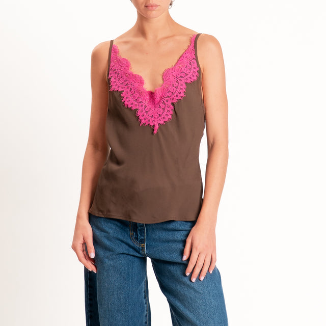 Tensione in-Top doppio scollo v con pizzo - moro/fucsia