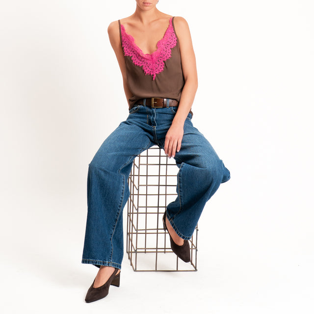 Tensione in-Top doppio scollo v con pizzo - moro/fucsia