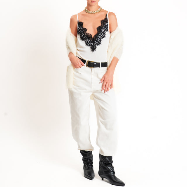 Tensione in-Top doppio scollo v con pizzo - latte/nero
