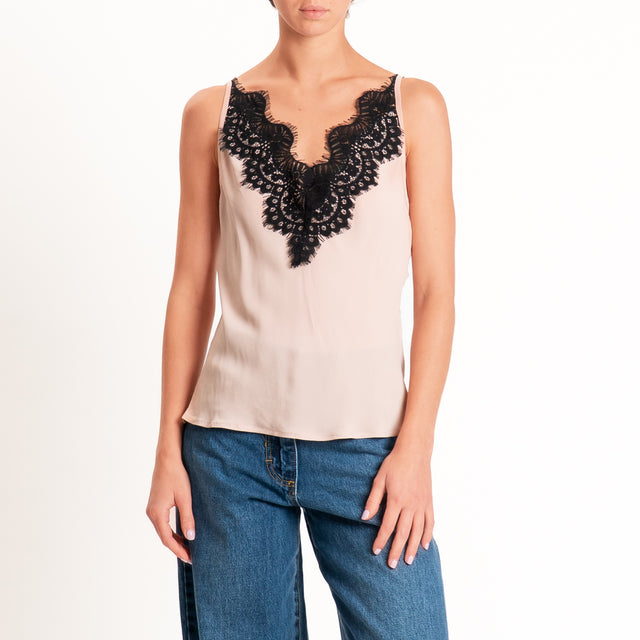 Tensione in-Top doppio scollo v con pizzo - rosa/nero