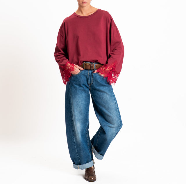 Tensione in-T-shirt oversize girocollo con maniche - bordeaux/bordeaux