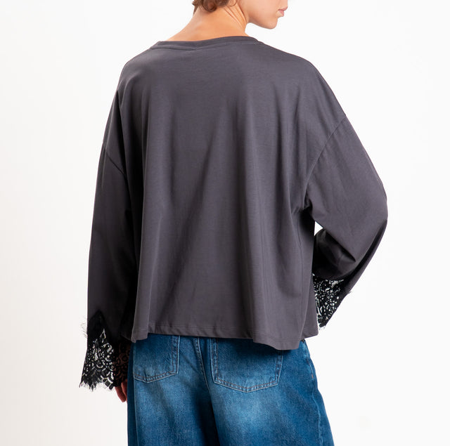 Tensione in-T-shirt oversize girocollo con maniche - piombo/nero