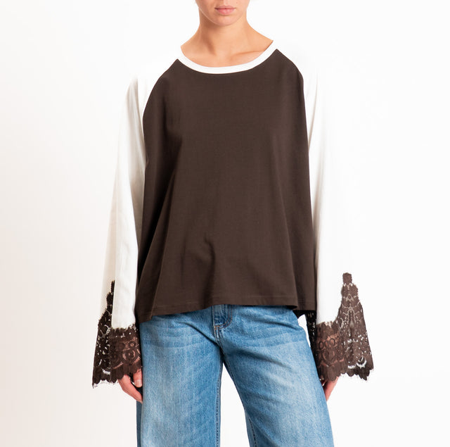 Tensione in-T-shirt bicolore con pizzo - Moro/panna