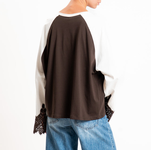 Tensione in-T-shirt bicolore con pizzo - Moro/panna