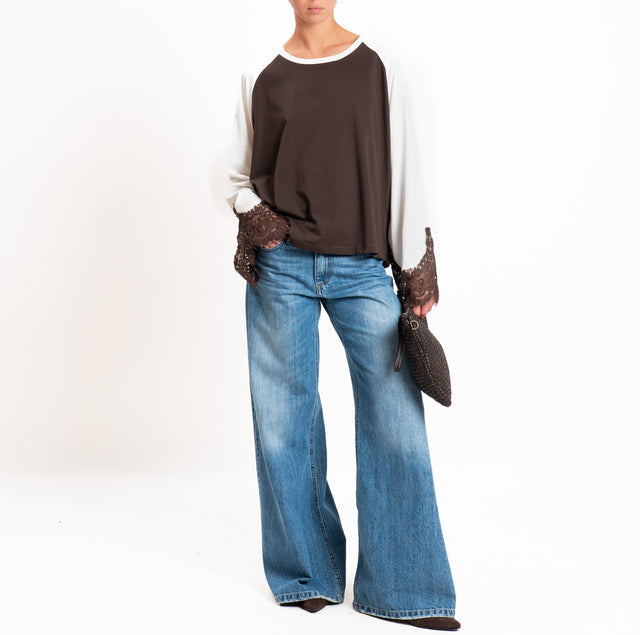 Tensione in-T-shirt bicolore con pizzo - Moro/panna