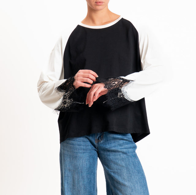 Tensione in-T-shirt bicolore con pizzo - nero/panna