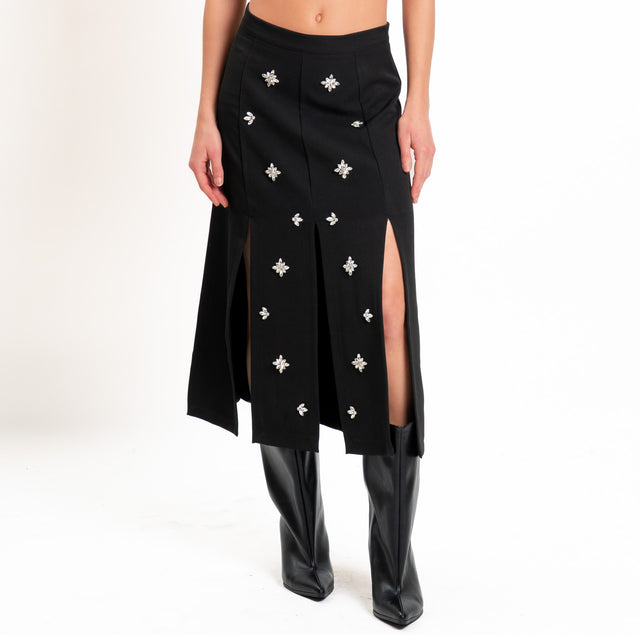 Tensione in-Gonna con spacchi applicazioni cabochon - nero