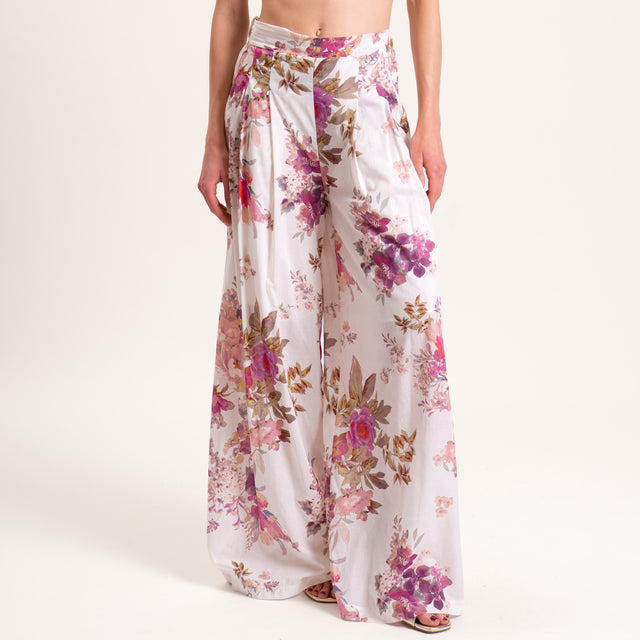 Tensione in-Pantalone mussola fantasia floreale - latte/viola/rosa