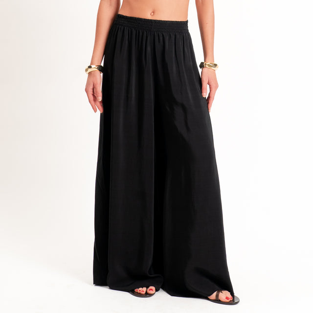 Tensione in-Pantalone misto lyocell wide leg elastico in vita - Nero