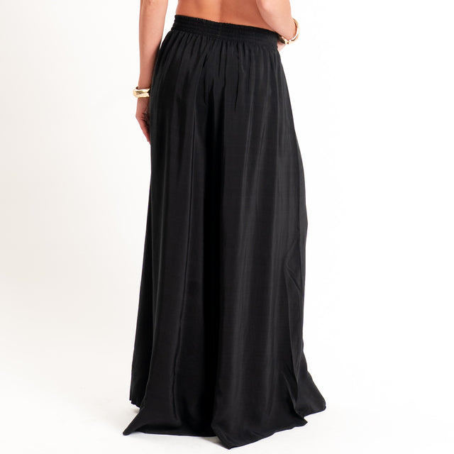 Tensione in-Pantalone misto lyocell wide leg elastico in vita - Nero