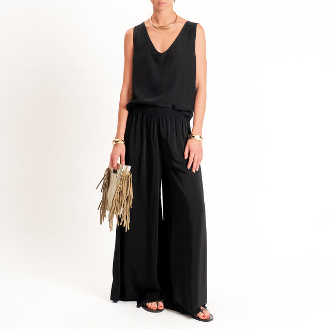 Tensione in-Pantalone misto lyocell wide leg elastico in vita - Nero
