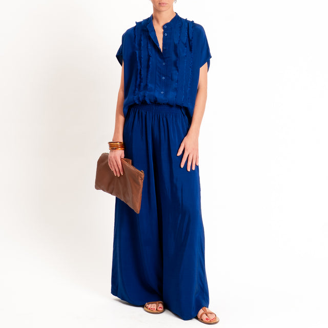 Tensione in-Pantalone misto lyocell wide leg elastico in vita - Blu