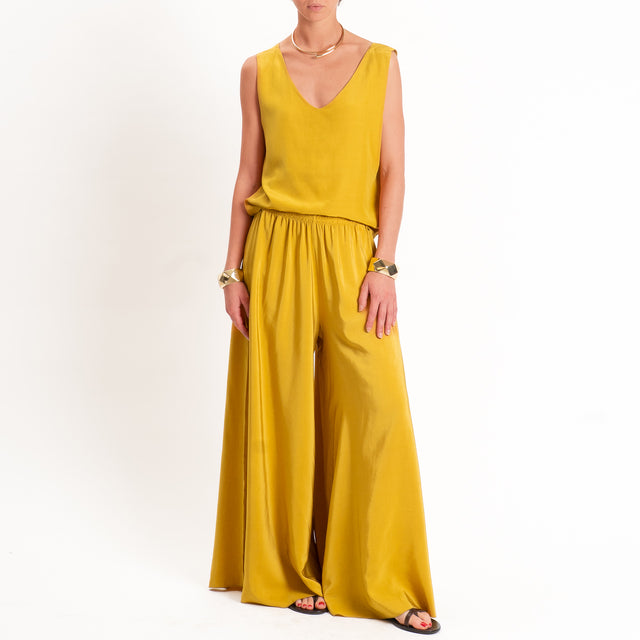 Tensione in-Pantalone misto lyocell wide leg elastico in vita - olive